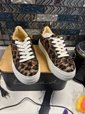 Betsey Johnson Leopard Sequin Platform Sneakers - Black, Brown & Gold